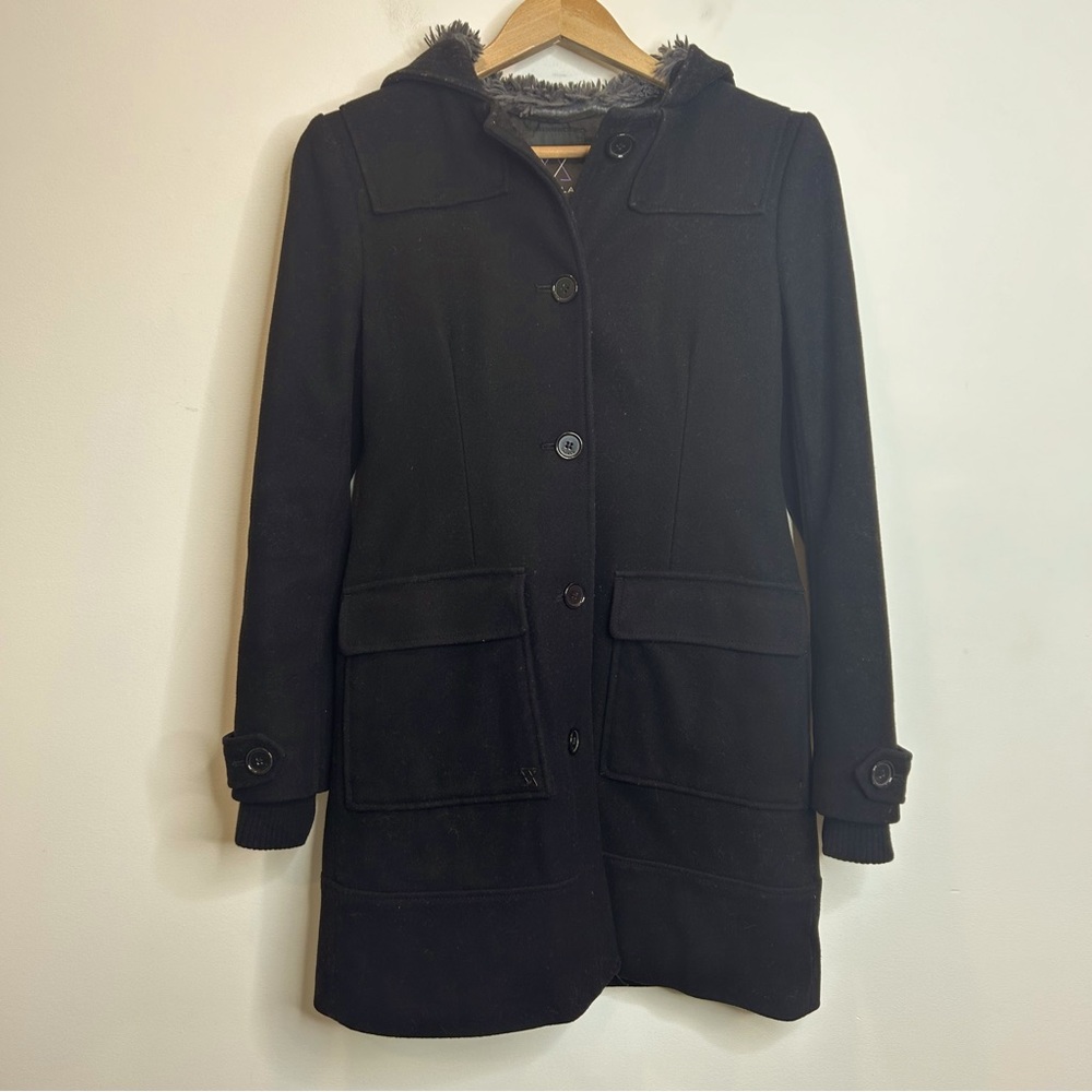 Aritzia Talula Wool Pea Coat with Fur Hood Black
